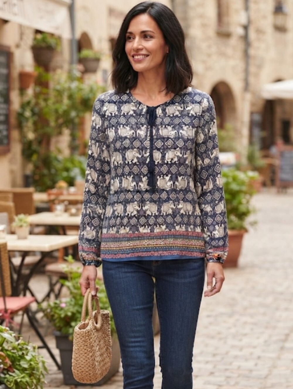 Katy's Kloset Women's Navy and White Elephant Print Peasant Top with Tassel Tie